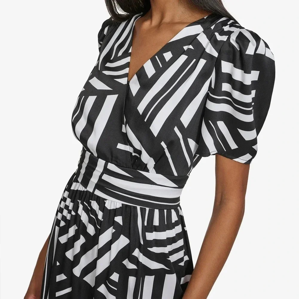 Karl Lagerfeld Paris Geo Print Faux Wrap Mini Dress Size 10 NWT Puff Sleeve - Picture 5 of 13